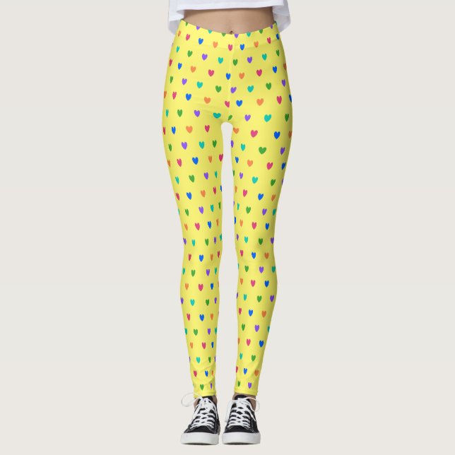 Rainbow polka hearts on yellow leggings (Front)