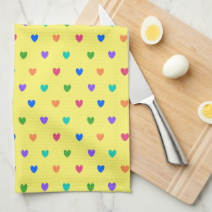 Rainbow polka hearts on yellow tea towel