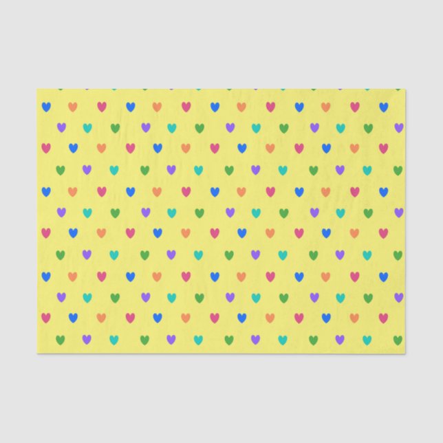 Rainbow polka hearts on yellow tissue paper (Front)