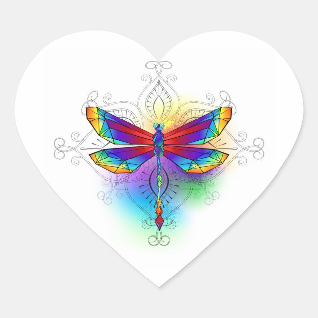 Rainbow Polygonal Dragonfly Heart Sticker (Front)