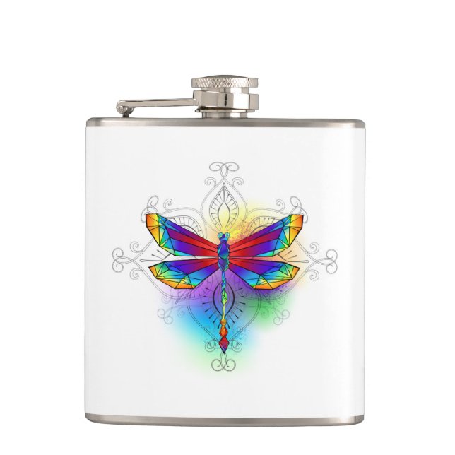 Rainbow Polygonal Dragonfly Hip Flask (Front)