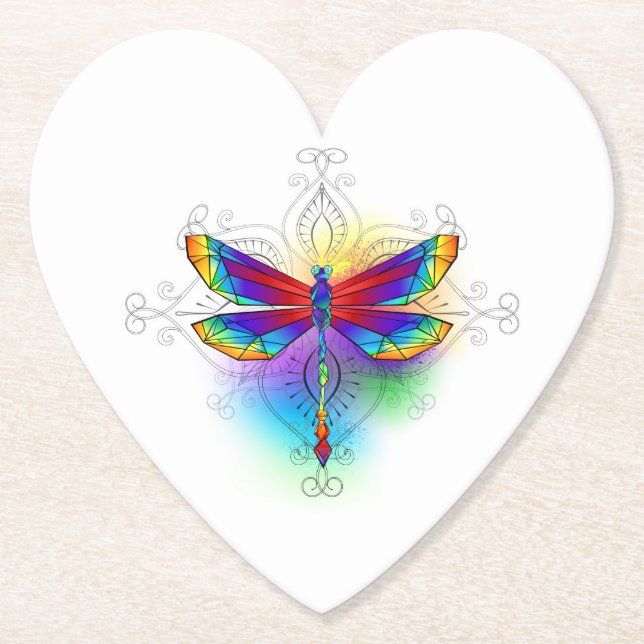 Rainbow Polygonal Dragonfly Paper Coaster (Front)