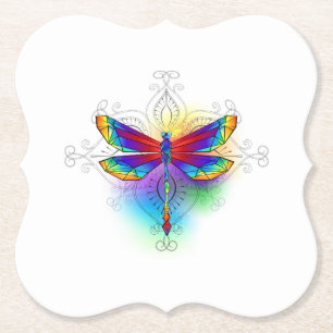 Rainbow Polygonal Dragonfly Paper Coaster