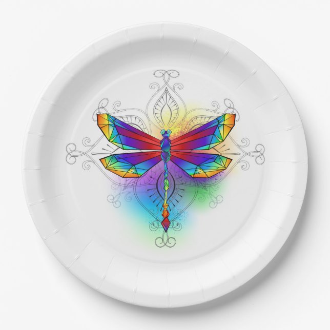Rainbow Polygonal Dragonfly Paper Plate (Front)