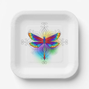 Rainbow Polygonal Dragonfly Paper Plate