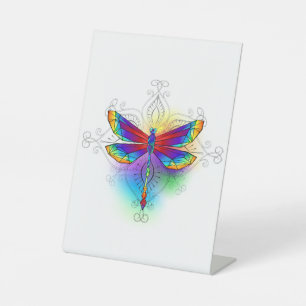 Rainbow Polygonal Dragonfly Pedestal Sign