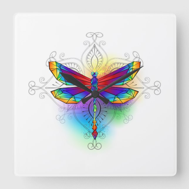 Rainbow Polygonal Dragonfly Square Wall Clock (Front)