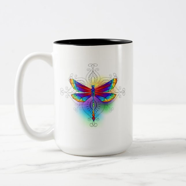 Rainbow Polygonal Dragonfly Two-Tone Coffee Mug (Left)