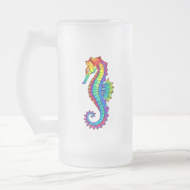 Rainbow Polygonal Seahorse Frosted Glass Beer Mug (Left)