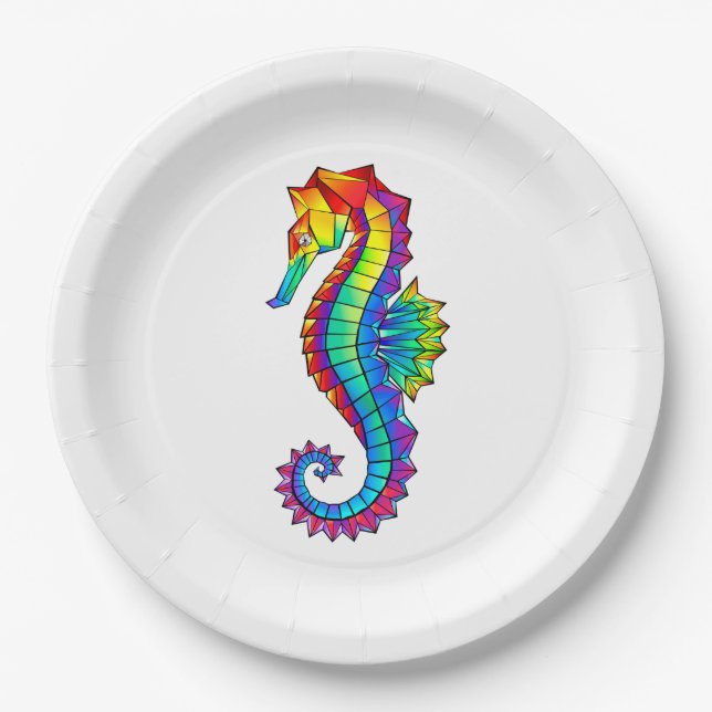 Rainbow Polygonal Seahorse Paper Plate (Front)