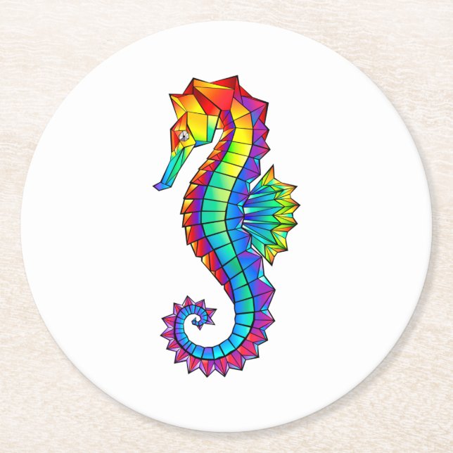 Rainbow Polygonal Seahorse Round Paper Coaster (Front)