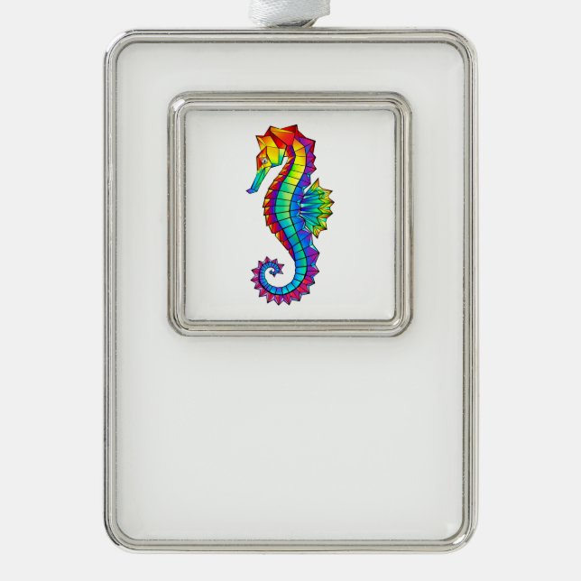 Rainbow Polygonal Seahorse Silver Plated Framed Ornament (Front)