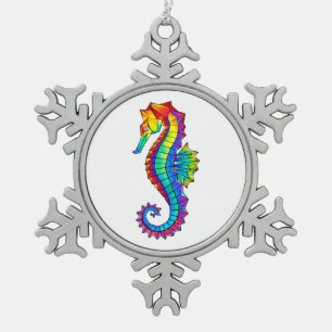 Rainbow Polygonal Seahorse Snowflake Pewter Christmas Ornament
