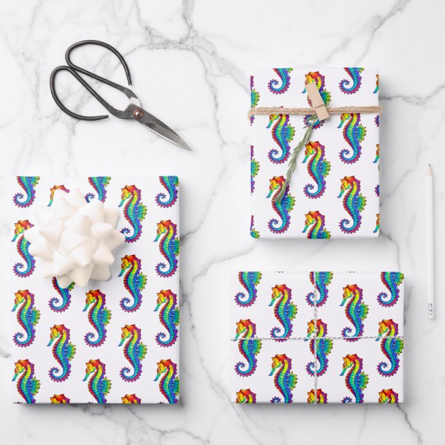 Rainbow Polygonal Seahorse Wrapping Paper Sheet (Front)