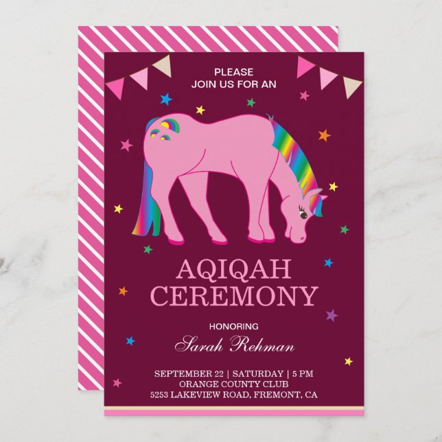 Rainbow Pony Baby Girl Aqiqah Invitation (Front/Back)