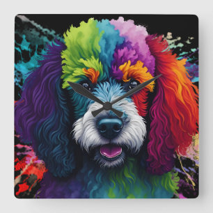 Rainbow Poodle Watercolor Square Wall Clock