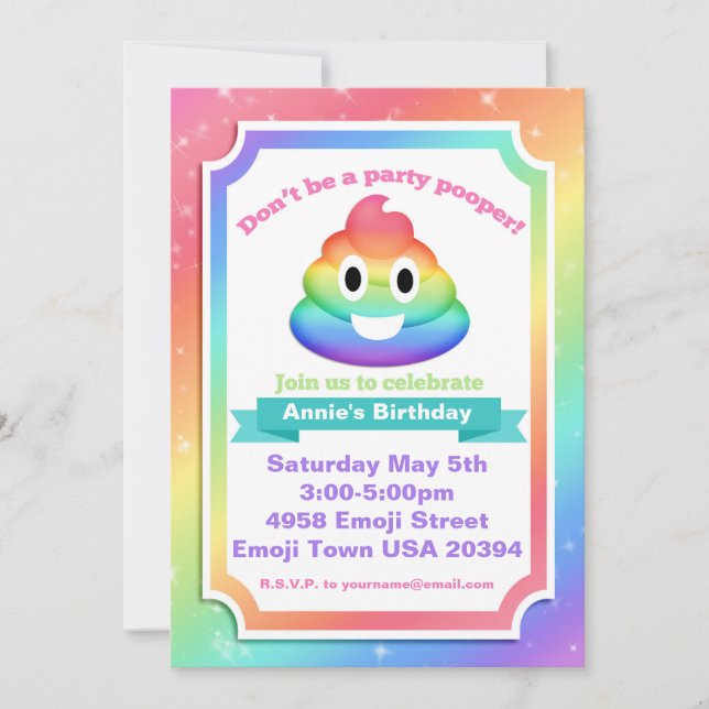Rainbow Poop Emoji Birthday Invitation (Front)