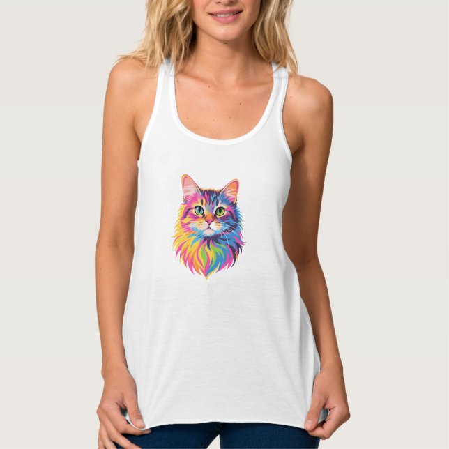 Rainbow Pop Cat – Vibrant Vector Feline Art Singlet (Front)