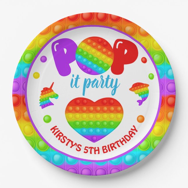 Rainbow Pop It Fidget Toy Birthday Party Paper Plate (Front)