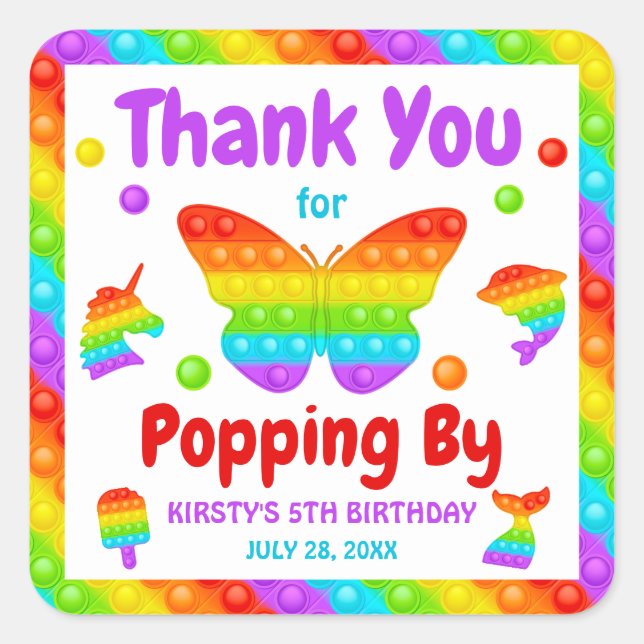 Rainbow Pop It Fidget Toy Birthday Party Square Sticker (Front)