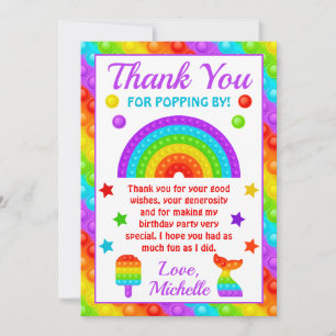 Rainbow Pop It Fidget Toy Birthday Party Thank You Card