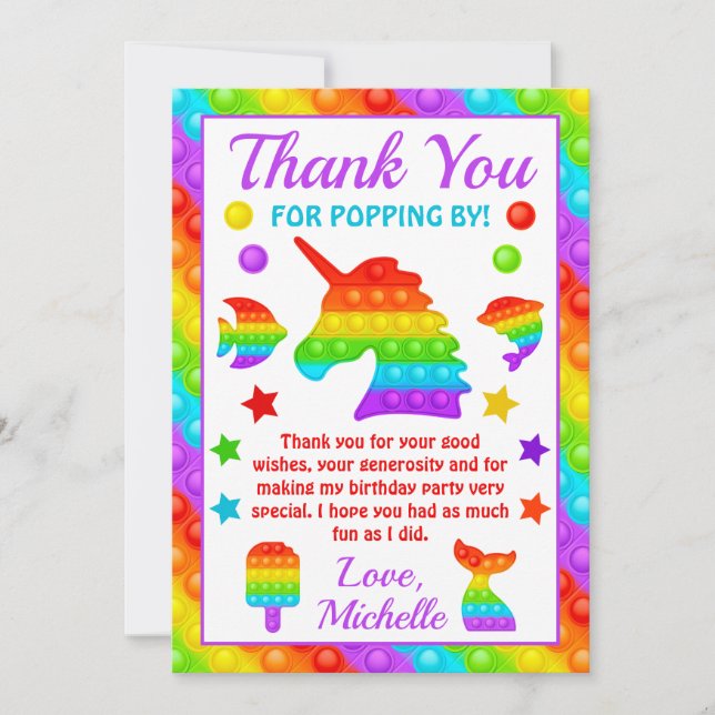 Rainbow Pop It Fidget Toy Birthday Party Thank You Card (Front)