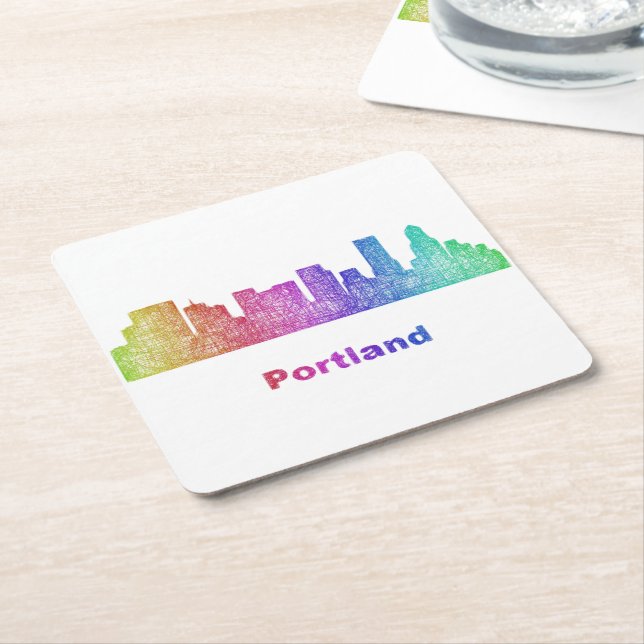 Rainbow Portland skyline Square Paper Coaster (Angled)