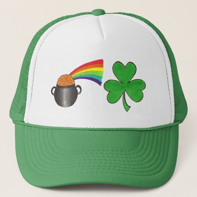 Rainbow Pot of Gold Shamrock St. Patrick's Day Trucker Hat (Front)