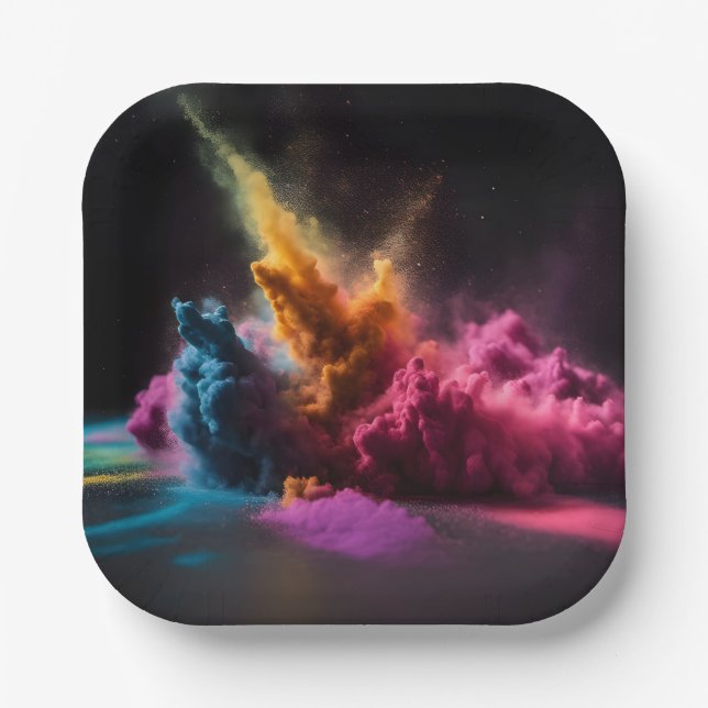 Rainbow Powder Blast On Black Paper Plate (Front)