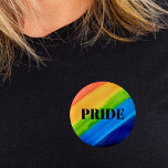 Rainbow Pride 6 Cm Round Badge<br><div class="desc">Rainbow Pride Button.
This cologful button is decorated with watercolor stripes in rainbow colours and the word "PRIDE"
The text is a template so you can change it if you wish.
Original Watercolor © Michele Davies.</div>