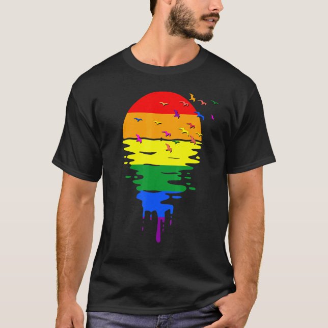 Rainbow Pride Colours Sunset With Birds T-Shirt (Front)