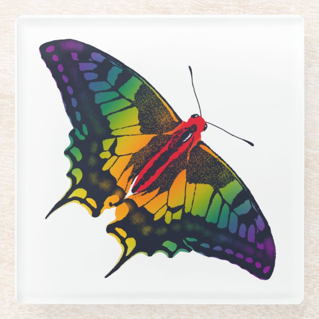 Rainbow Pride Flag Swallowtail Butterfly Glass Coaster (Front)