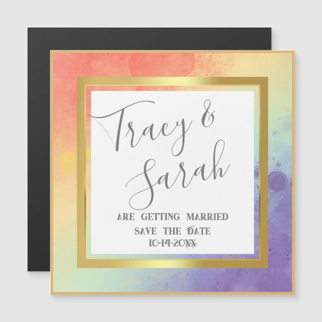 Rainbow Pride Gold Frame Wedding Save the Date  (Front/Back)