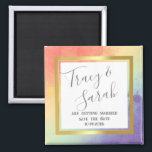 Rainbow Pride Gold Frame Wedding Save the Date  Magnet<br><div class="desc">.: This wedding design is elegant, modern and simply stunning! The watercolor Rainbow Detail and printed faux-gold foil wraps around your wedding details in beautiful style. All the text on these can be changed to the fonts and colours of your choice. .: Coordinating Stationary Available .: Coordinating Decor Available Note:...</div>