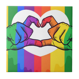 Rainbow Pride Hands Heart Ceramic Tile   LGBTQ+ 