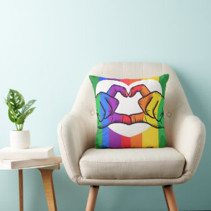 Rainbow Pride Hands Heart Throw Pillow   LGBTQ+ 