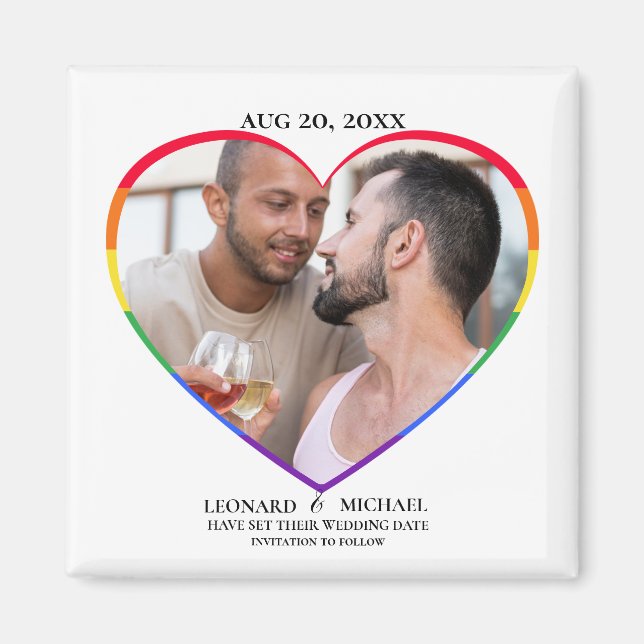 Rainbow Pride Heart Photo Frame Save the Date Magnet (Front)