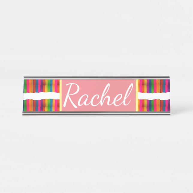 Rainbow pride month back to school add name text desk name plate (Front)