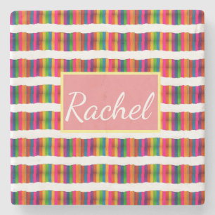 Rainbow pride month back to school add name text stone coaster
