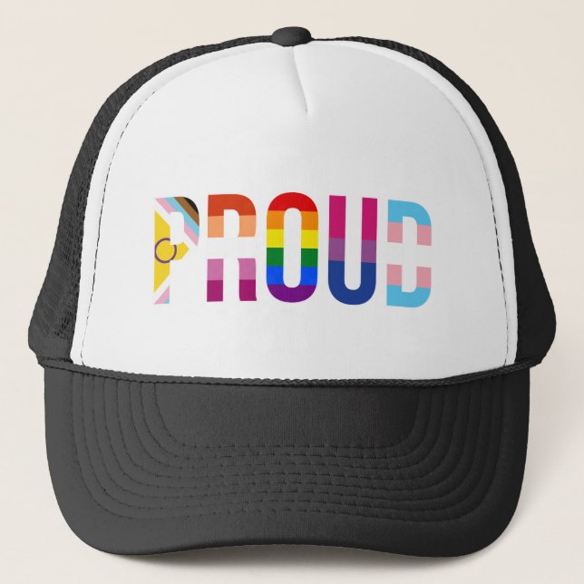 Rainbow Pride 'Proud': LGBTQ Flag Colours Letterin Trucker Hat (Front)