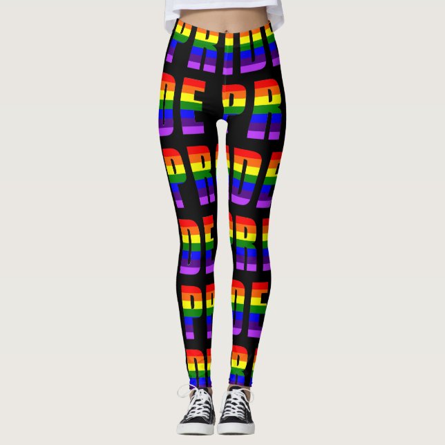 Rainbow Pride Text Art on Custom Black Colour Leggings (Front)