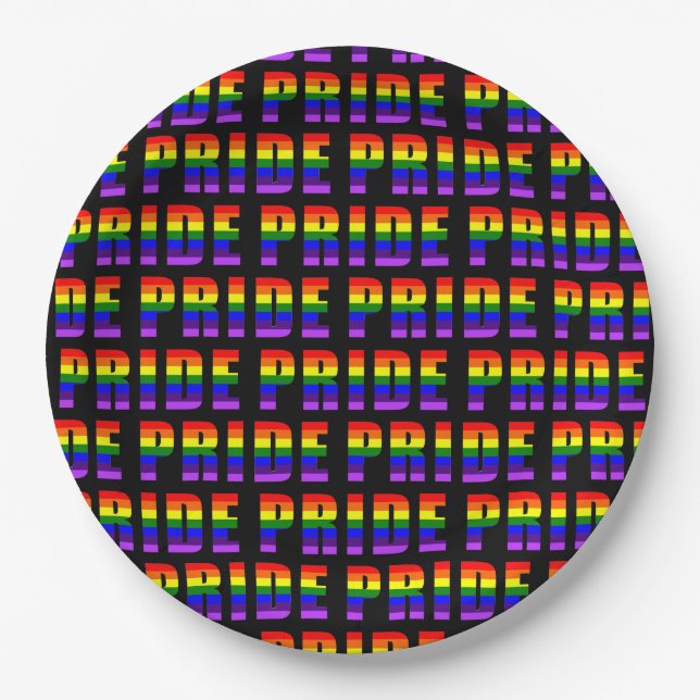 Rainbow Pride Text Art on Custom Black Colour Paper Plate (Front)