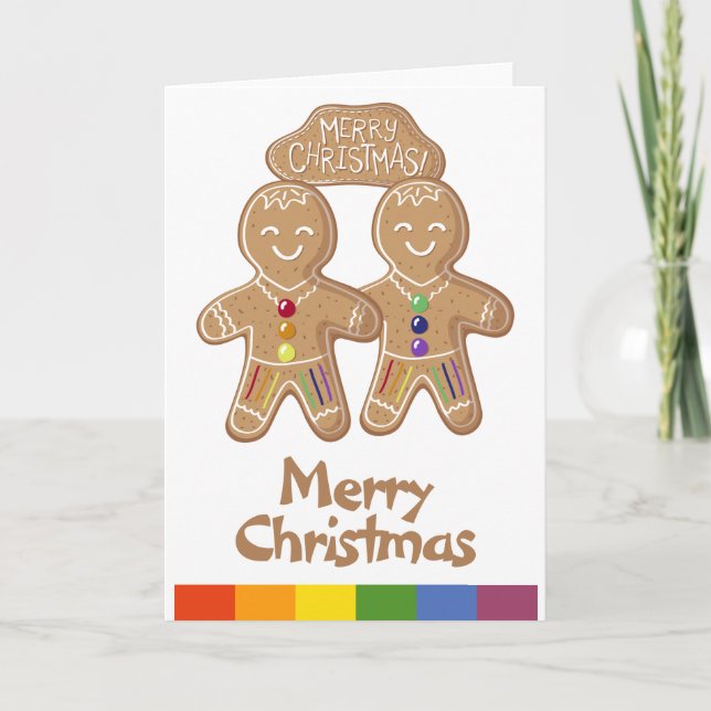 Rainbow Pride Whimsical Christmas Gingerbread Men Holiday Card (Front)
