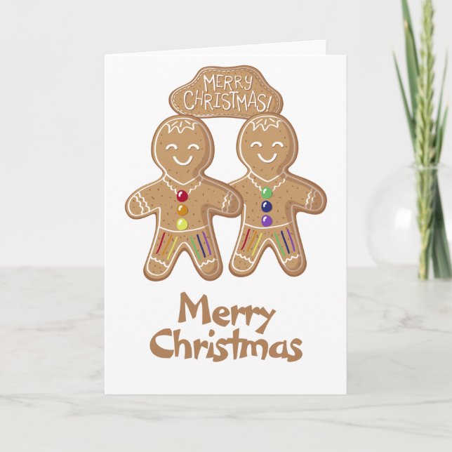 Rainbow Pride Whimsical Christmas Gingerbread Men Holiday Card (Front)