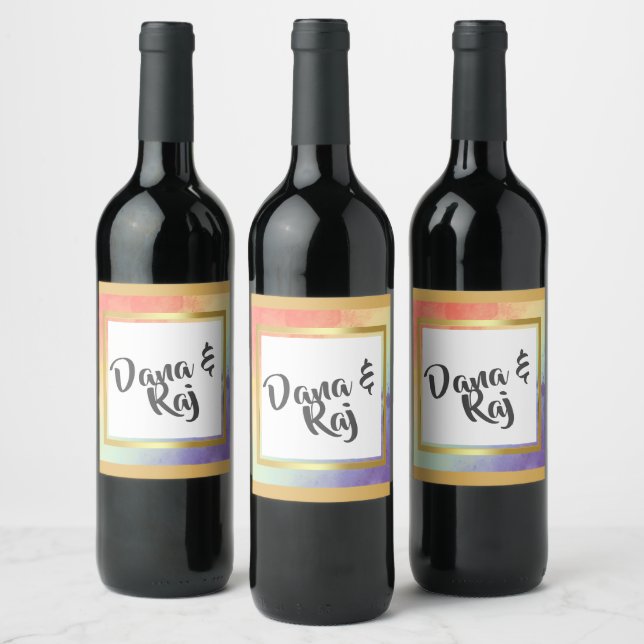 Rainbow Pride with Gold Frame Wedding  Wine Label (Bottles)
