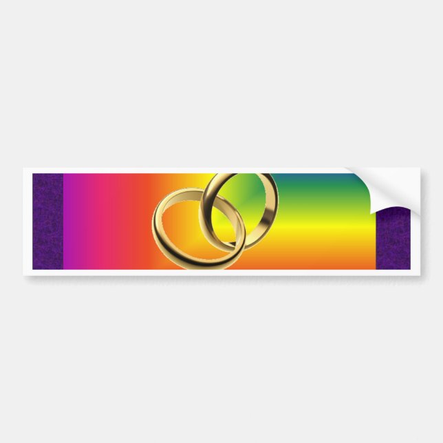Rainbow Pride with Gold Wedding Bands Bumper Sticker (Front)