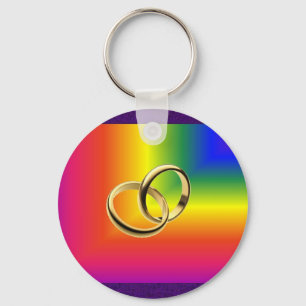 Rainbow Pride with Gold Wedding Bands Key Ring
