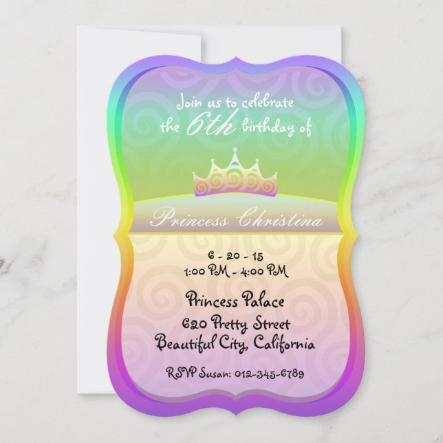 Rainbow Princess Crown Spirals Birthday Invitation (Front)