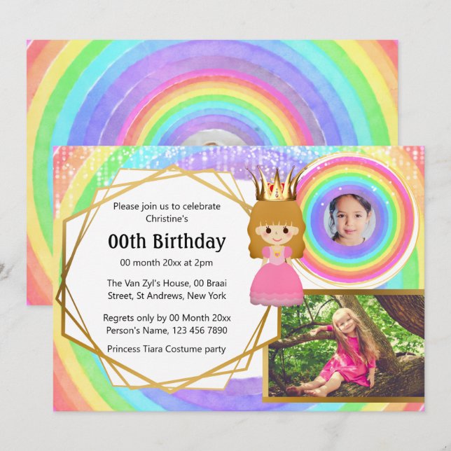 Rainbow princess tiara 3 photo girls birthday invitation (Front/Back)