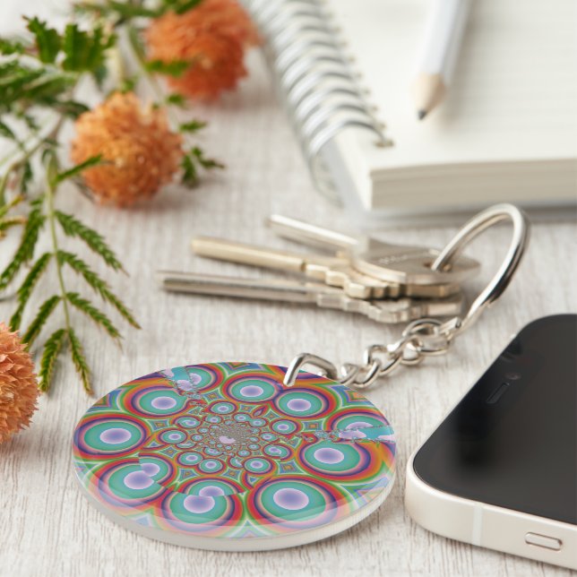 Rainbow Psychedelic Optical Abstract Art Key Ring (Front Right)